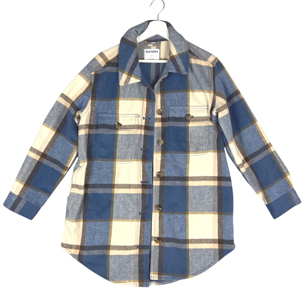 Old Navy Plaid Oversized Soft-Brushed Shacket Button Up Blue‎ Cream Brown Medium